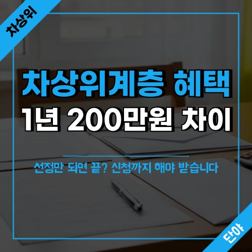 따뜻한 거실 창가 테이블 위에 차상위계층 혜택 관련 서류가 정돈된 이미지 위에 '차상위계층 혜택', '1년 200만 원 차이', '확인서만 있으면 끝? 신청까지 해야 받습니다' 문구가 오버레이된 블로그 섬네일