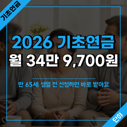 밝은 거실에서 대화하는 한국인 노부부 이미지 위에 '2026 기초연금 월 34만 9,700원 만 65세 생일 전 신청하면 바로 받아요' 문구가 표시된 기초연금 안내 섬네일