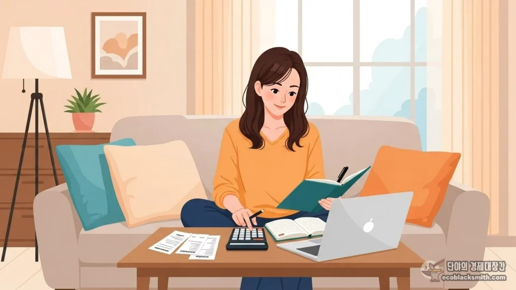 거실에서 계산기와 가계부로 가정 소득을 계산하는 여성의 진지한 모습