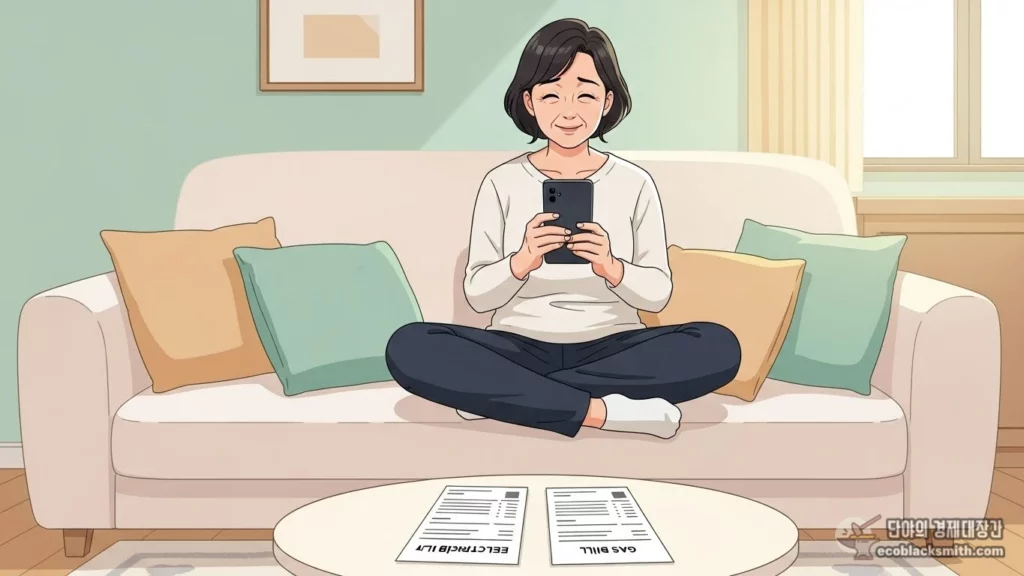 한국인 중년 여성이 거실에서 고정비 절감 혜택을 확인하고 안도하는 모습의 일러스트