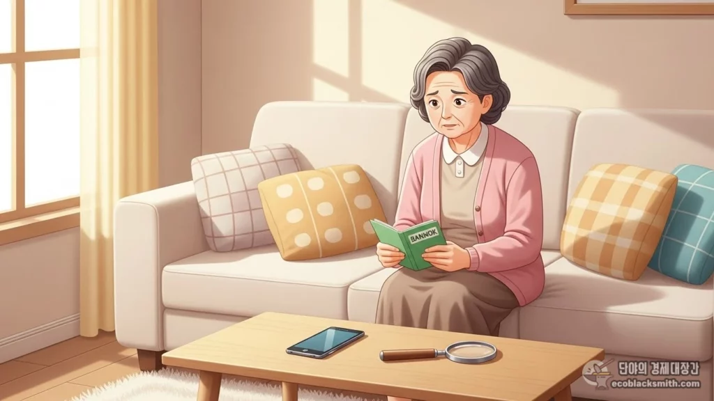 통장을 들고 생각에 잠긴 한국인 할머니가 거실 소파에 앉아 있는 따뜻한 분위기의 일러스트