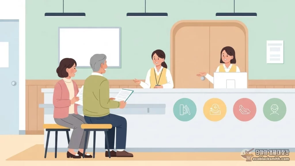 파스텔 톤 일러스트로 그린 주민센터에서 기초연금 상담을 받는 한국인 노부부의 모습