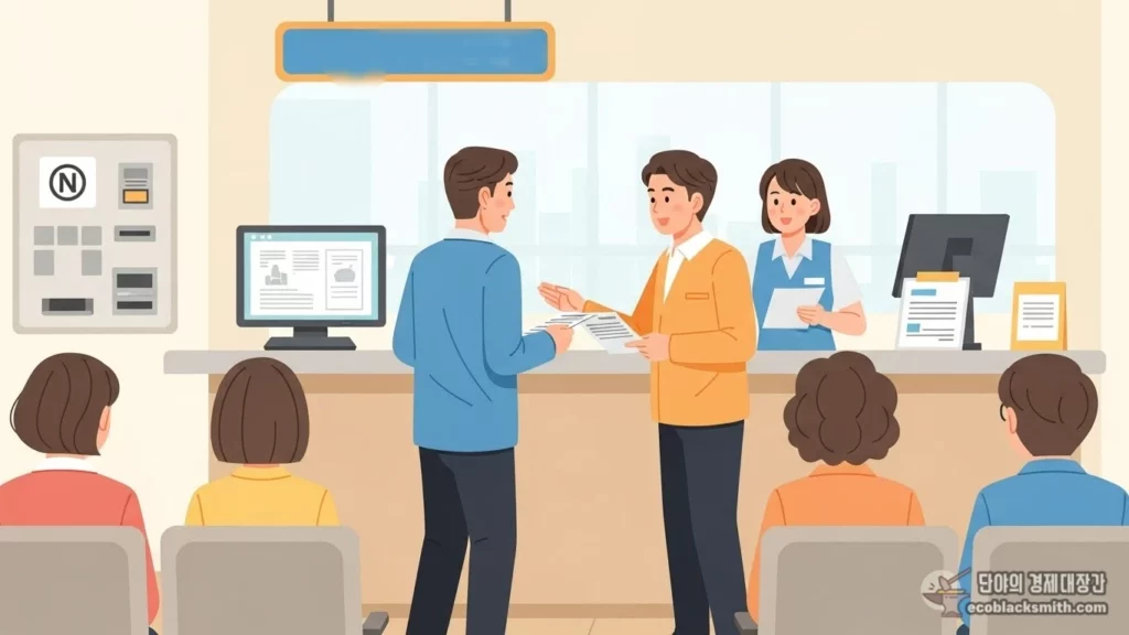 주민센터에서 문화누리카드 관련 상담을 받고 있는 남성의 모습을 담은 일러스트