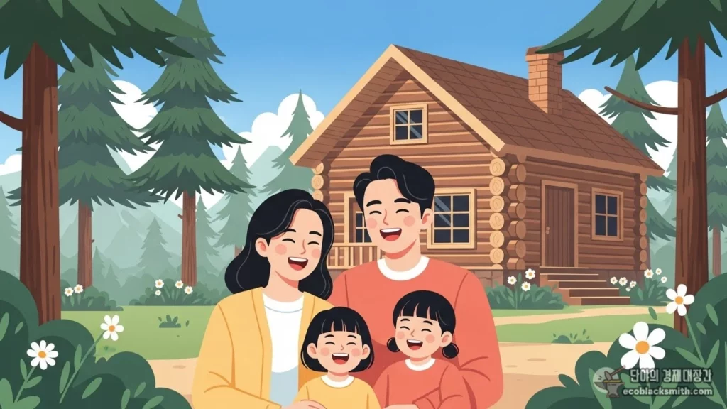 자연휴양림에서 즐거운 시간을 보내는 한국인 가족 일러스트