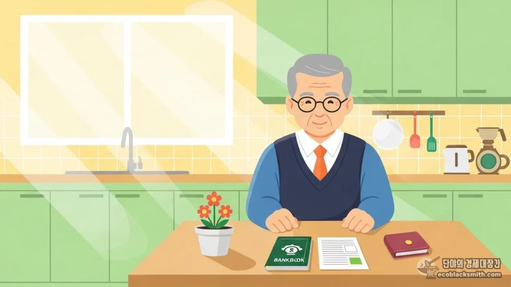 부엌 식탁에 앉아 있는 한국인 어르신, 통장과 지갑이 놓인 따뜻한 분위기의 미니멀 일러스트