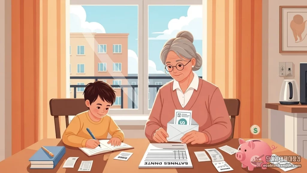주방에서 할머니가 손주와 함께 생계비를 관리하며 가계부를 작성하는 따뜻한 일상