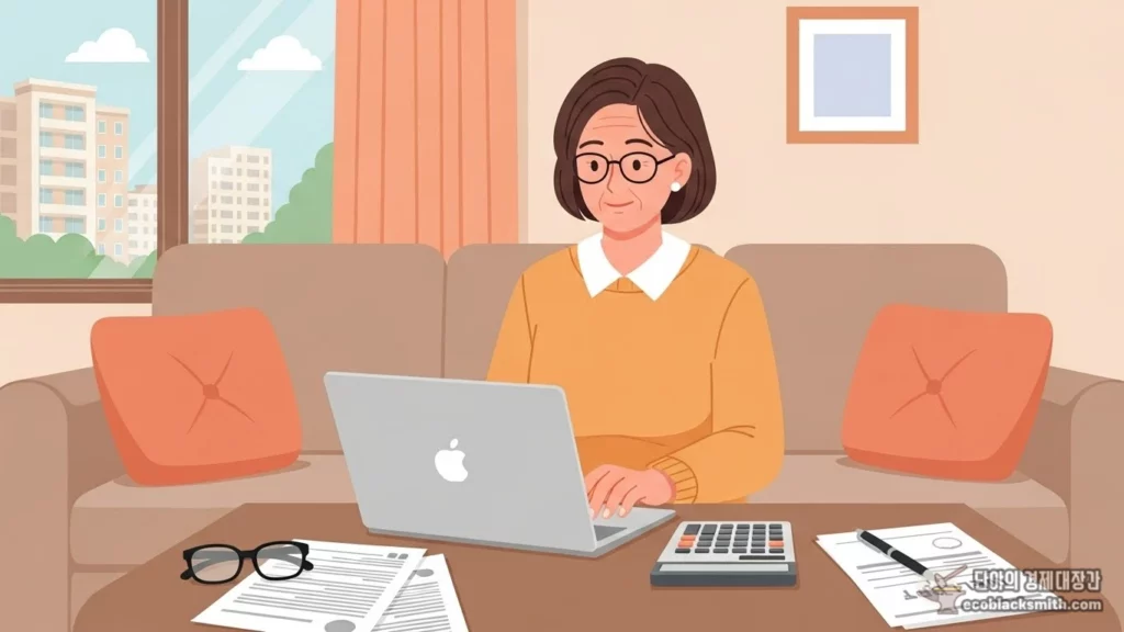 거실에서 노트북과 계산기로 복지 수급 조건을 확인하는 중년 여성의 일러스트
