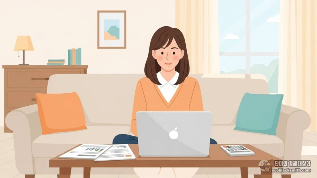 거실에서 노트북으로 임대주택 정보를 검색하며 서류를 확인하는 여성의 파스텔톤 일러스트