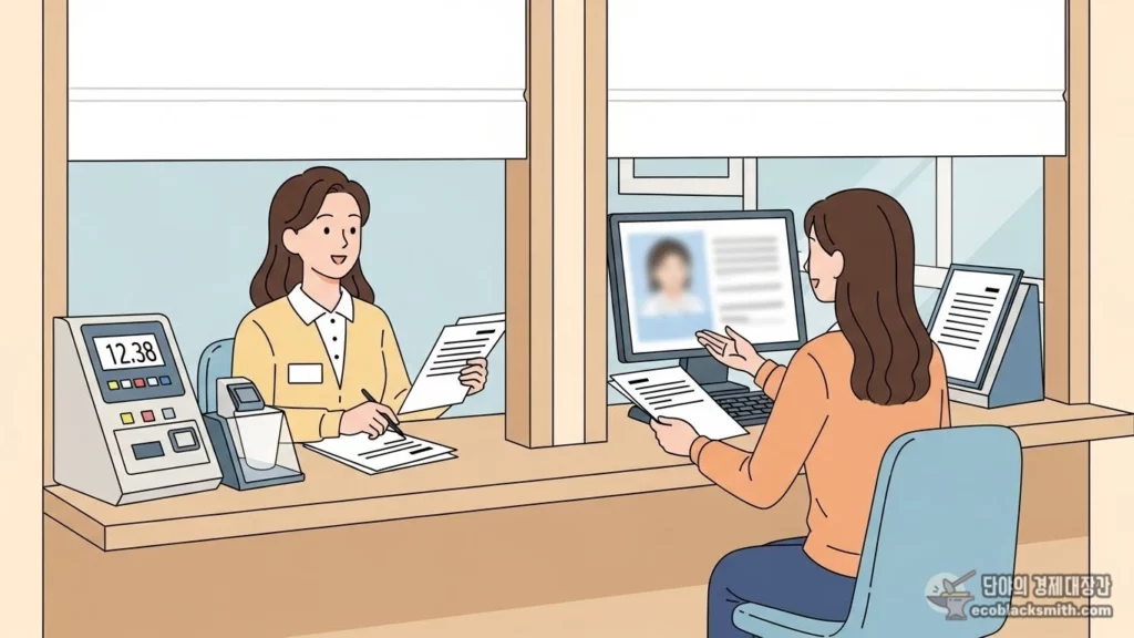 주민센터 창구에서 여성이 서류를 내밀며 복지 상담을 받는 장면을 파스텔 톤 플랫 일러스트로 표현한 이미지