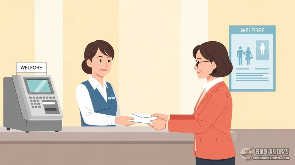 한국인 중년 여성이 주민센터 창구에서 담당 직원에게 서류를 제출하는 플랫 일러스트레이션