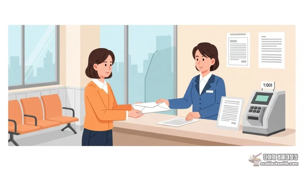 주민센터 창구에서 주거급여 신청 서류를 제출하는 여성의 모습을 담은 파스텔톤 일러스트