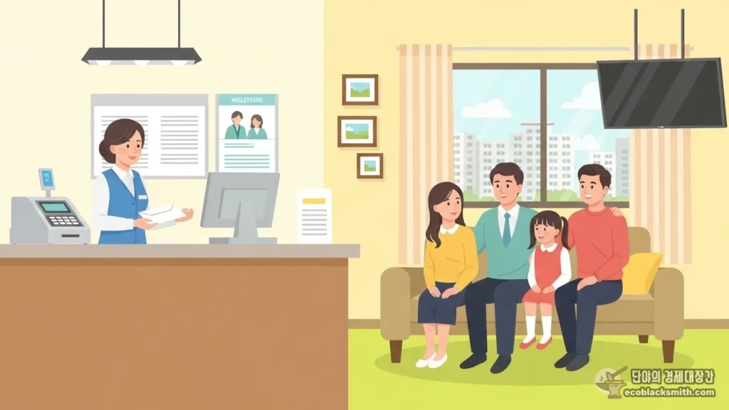 한국 가정 거실에서 부모와 초등학생, 중학생 자녀가 함께 있는 4인 가족 플랫 일러스트레이션