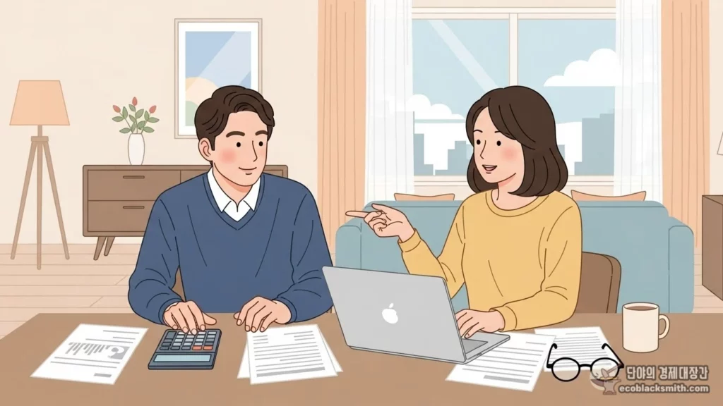 부부가 거실 식탁에서 노트북과 계산기로 가계를 계산하는 장면을 파스텔 톤 플랫 일러스트로 표현한 이미지

