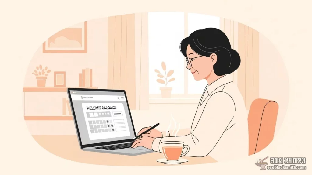 파스텔 톤 일러스트로 그린 집에서 기초연금 모의계산을 하는 60대 한국인 여성의 모습