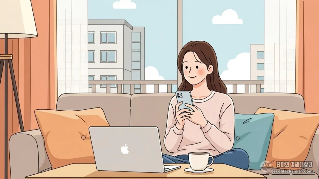 집에서 스마트폰으로 문화누리카드 자동재충전 여부를 확인하는 여성의 모습