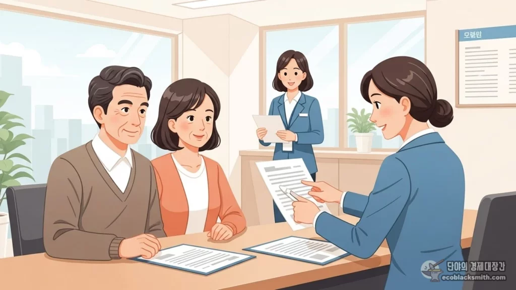 주민센터에서 복지 담당 직원에게 기초생활보장 급여에 대해 상담받는 부부의 모습