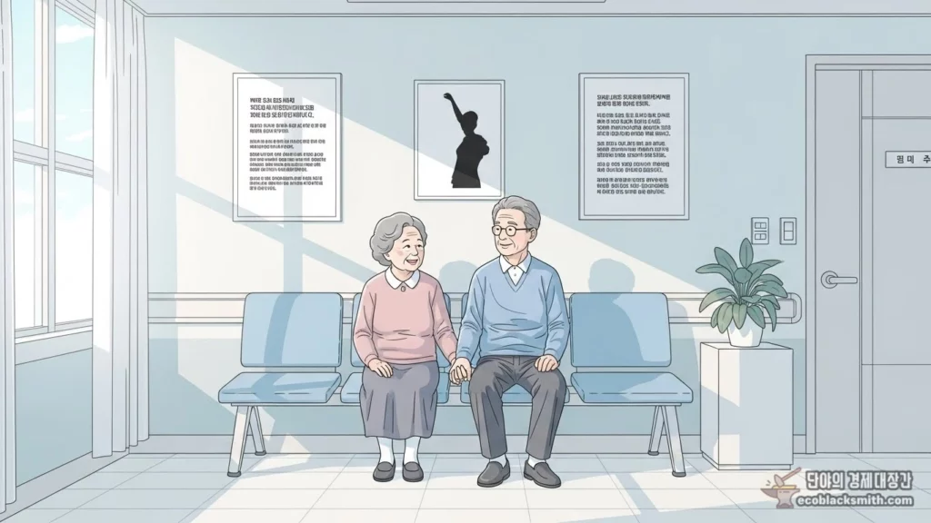 한국인 노부부가 병원 대기실에서 의료비 지원을 받고 안심하는 모습의 일러스트