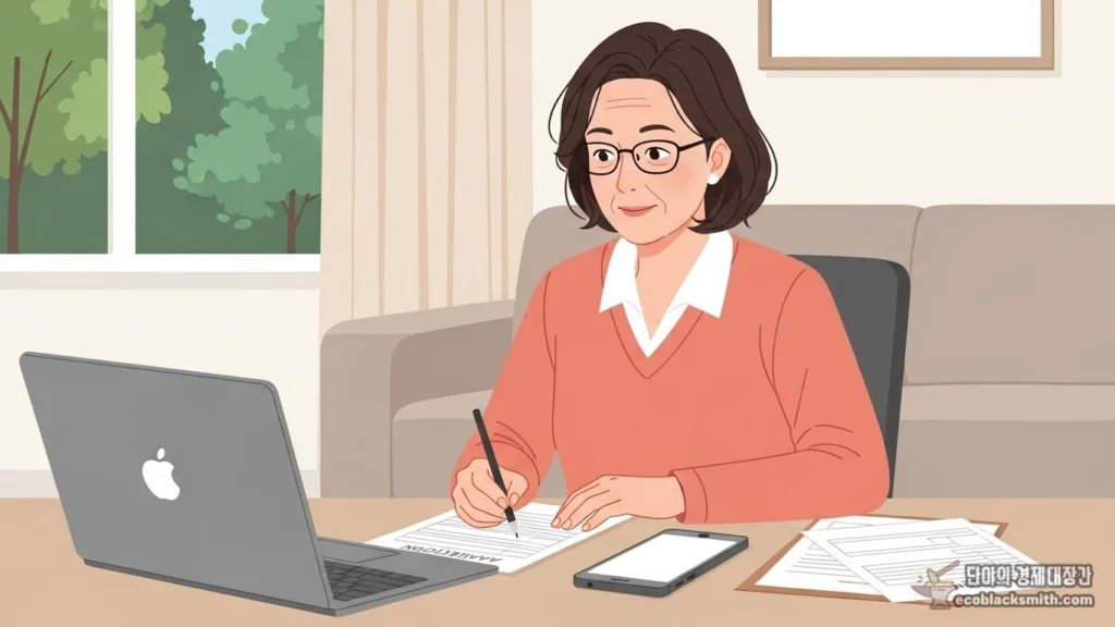 집에서 산림복지서비스이용권을 온라인 신청하는 모습 일러스트