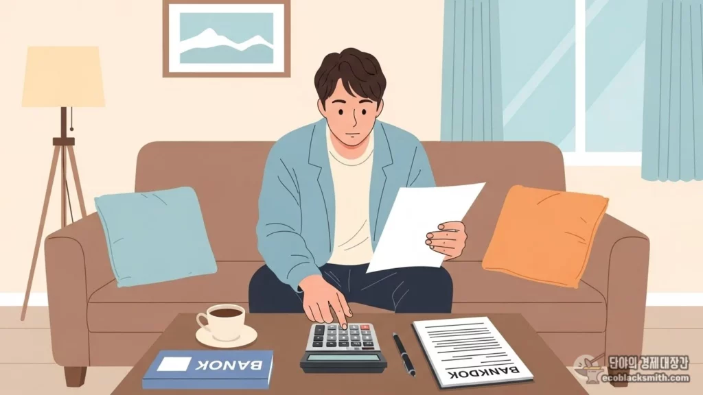거실에서 계산기로 임차급여를 계산하며 가계부를 정리하는 남성의 모습을 담은 파스텔톤 일러스트
