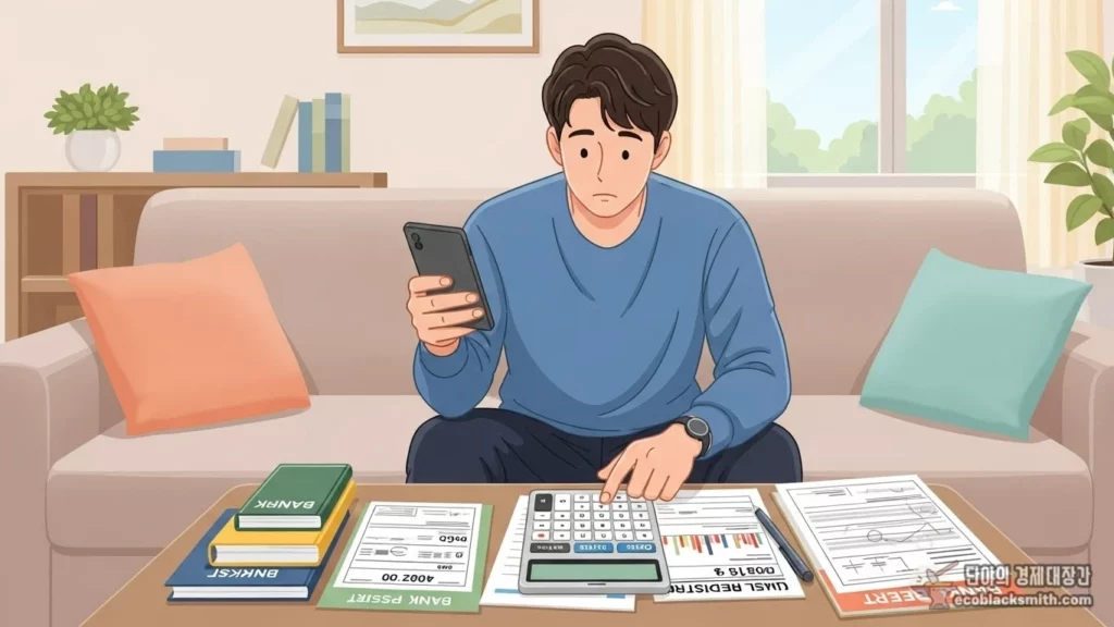 거실에서 스마트폰 계산기로 총자산을 계산하며 통장과 서류를 확인하는 한국인 남성
