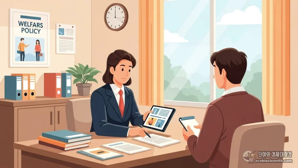 주민센터에서 기초생활수급 관련 상담을 받는 남성과 친절하게 설명하는 복지 공무원