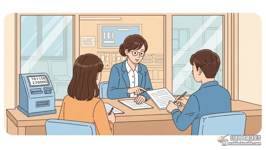 주민센터 복지상담 창구에서 직원에게 수급자 신청 상담을 받는 장면 일러스트
