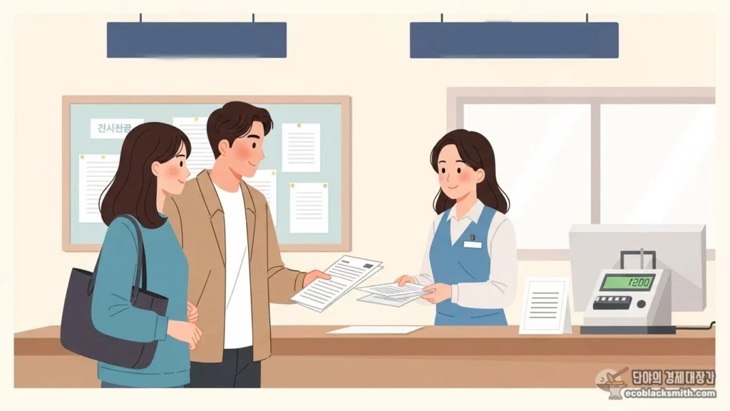 주민센터에서 직원과 임대주택 신청 상담을 하는 부부의 파스텔톤 일러스트
