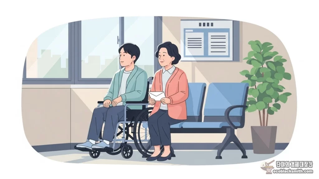 휠체어를 탄 아들과 어머니가 주민센터에서 복지 상담을 기다리는 모습의 일러스트