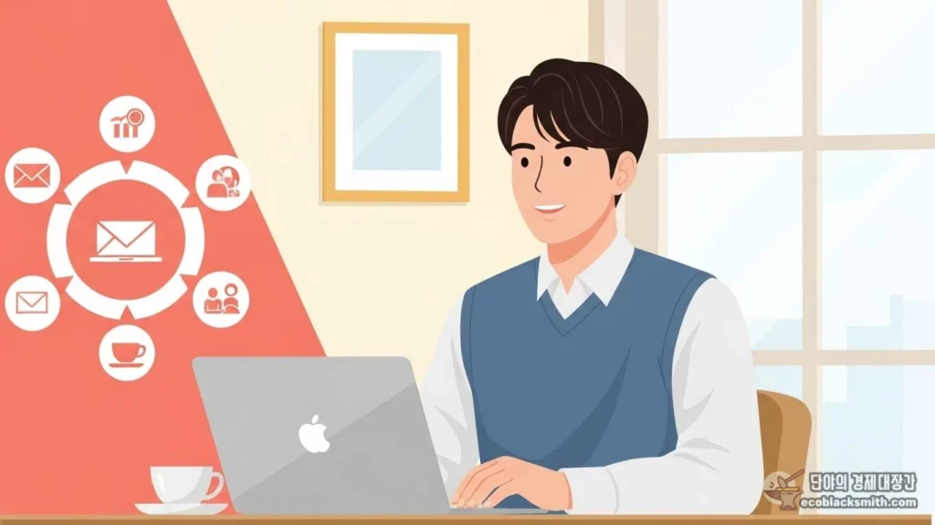 밝은 카페에서 노트북 앞에 앉아 미소 짓는 한국인 청년, 파스텔톤 미니멀 일러스트