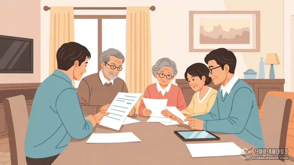 가족이 함께 모여 복지 신청에 대해 논의하는 따뜻한 가정집 장면 일러스트
