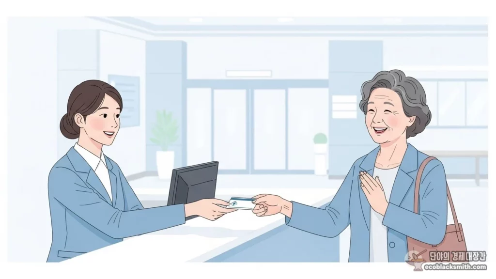 한국인 할머니가 병원 접수 창구에서 의료급여증을 제시하며 웃는 플랫 일러스트레이션