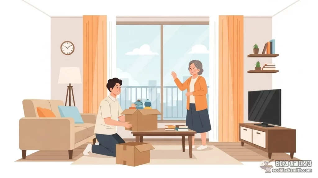 새 아파트에 입주하여 이사 정리를 하는 어머니와 아들의 파스텔톤 일러스트
