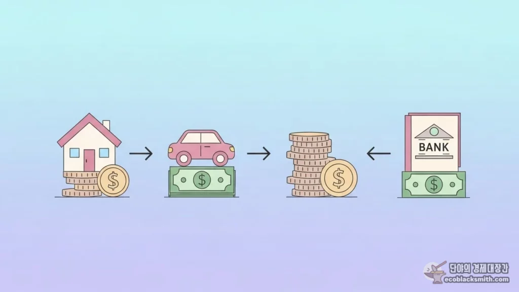 파스텔 톤 일러스트로 그린 재산과 소득이 소득인정액으로 환산되는 과정을 표현한 개념 이미지