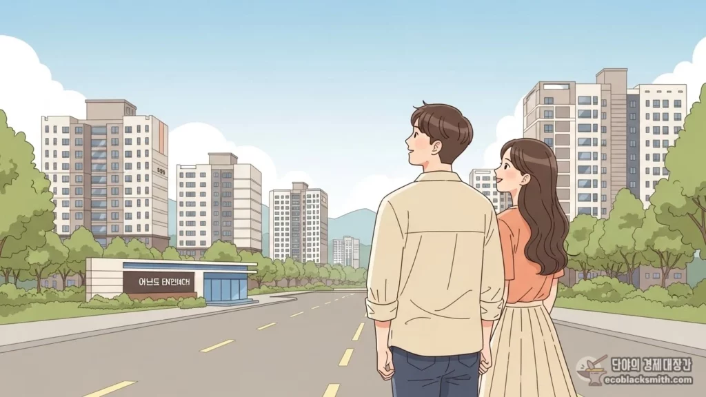 아파트 단지 입구에서 건물을 바라보며 손을 잡고 서 있는 한국인 젊은 부부의 뒷모습