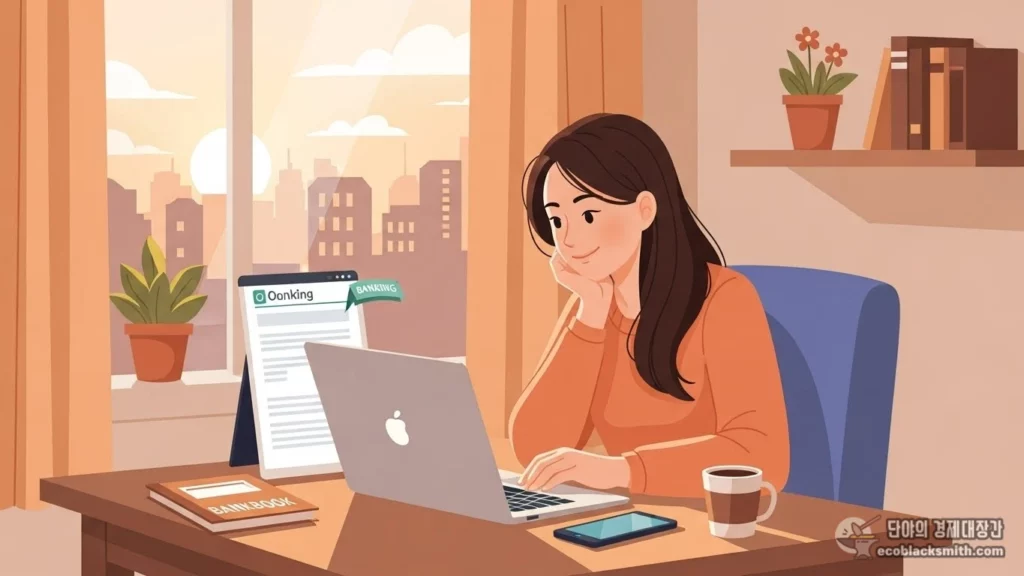 원룸에서 노트북으로 통장 잔액을 확인하며 안심하는 젊은 여성의 모습
