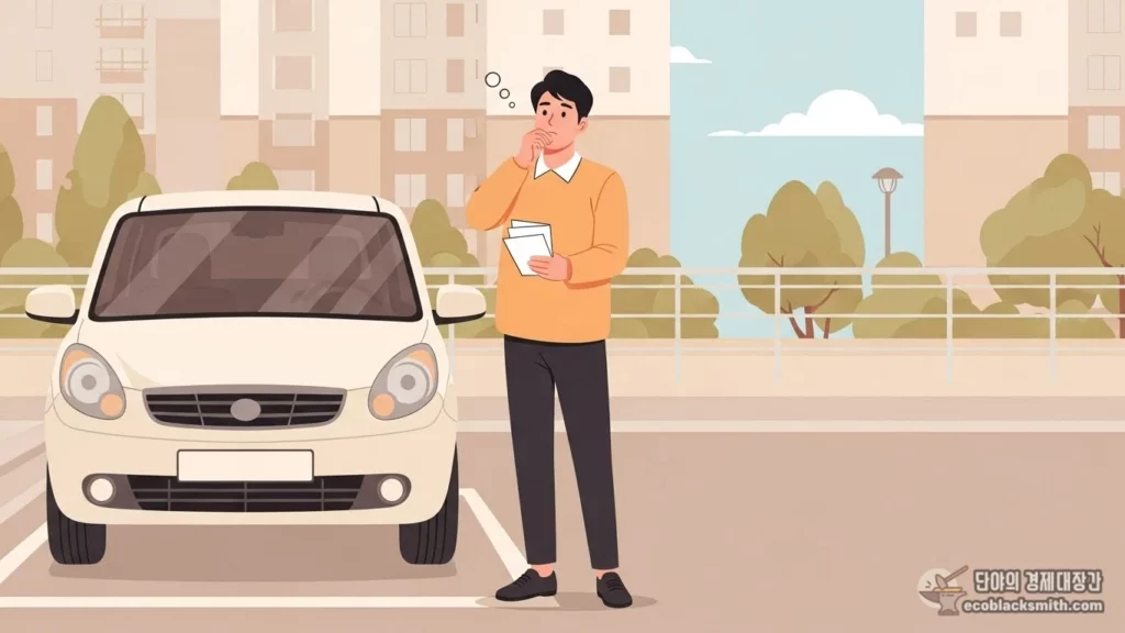 오래된 자동차 옆에서 차량 관련 서류를 들고 수급 자격에 대해 고민하는 남성의 모습