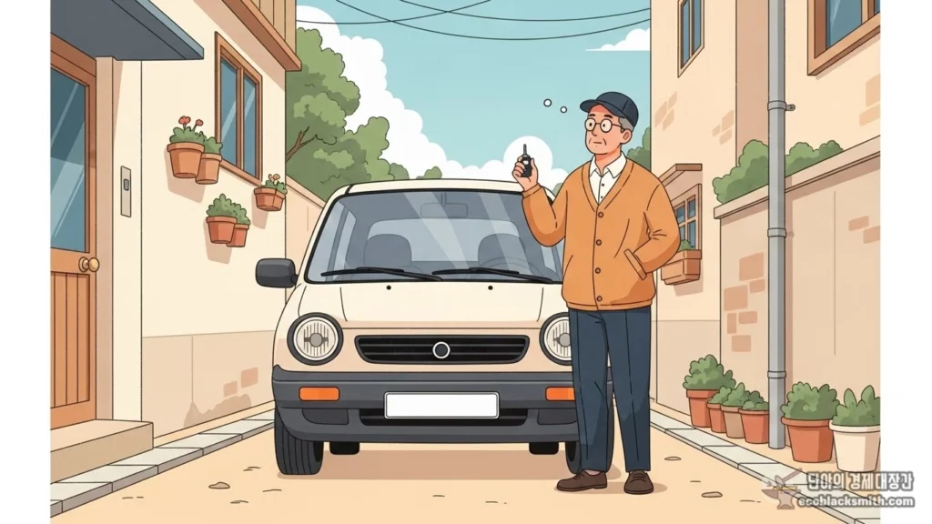 주택가 골목에서 오래된 소형차 옆에 서서 생각에 잠긴 중년 남성을 파스텔 톤 플랫 일러스트로 표현한 이미지
