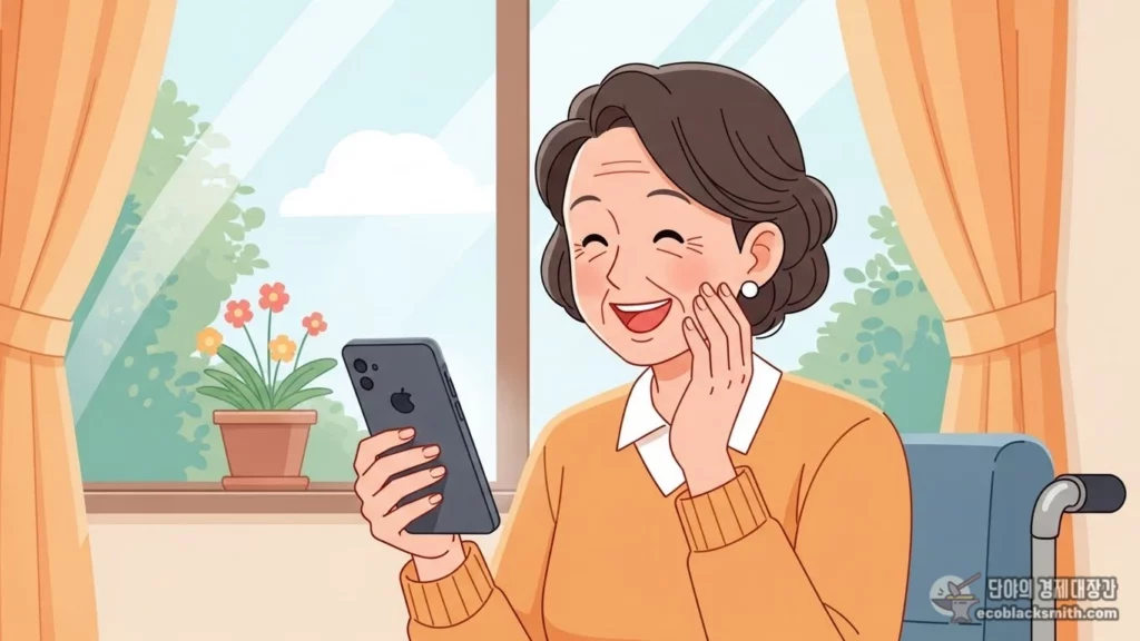 스마트폰으로 주거급여 입금을 확인하며 미소 짓는 여성의 모습을 담은 파스텔톤 일러스트