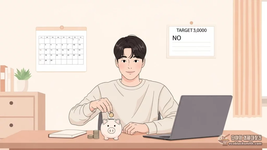 한국인 청년이 청년내일저축계좌에 저축하며 미래를 준비하는 모습의 일러스트