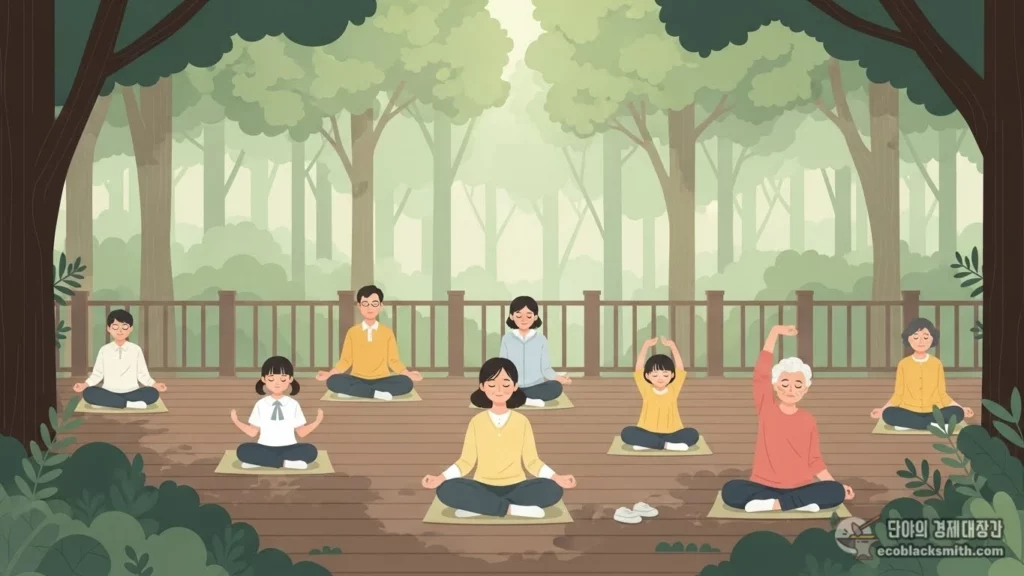 치유의 숲에서 산림치유 프로그램에 참여하는 사람들 일러스트