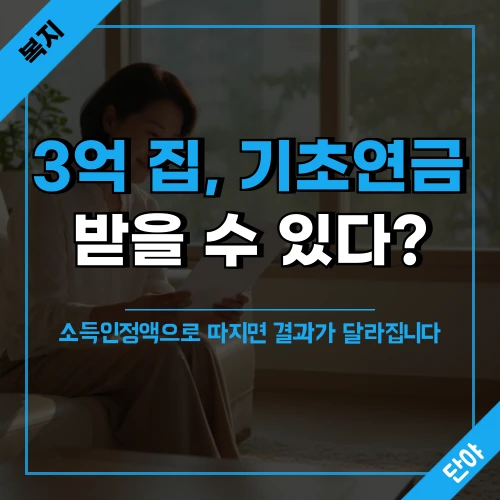 3억원 아파트를 보유한 어르신도 기초연금 소득인정액 기준을 충족할 수 있다는 내용의 섬네일, 창가에서 서류를 확인하는 한국인 여성과 '3억 집, 기초연금 받을 수 있다?' 문구 포함