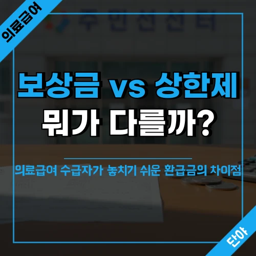 의료급여 보상금과 상한제 환급 차이를 안내하는 진료비 영수증과 계산기가 놓인 민원 창구