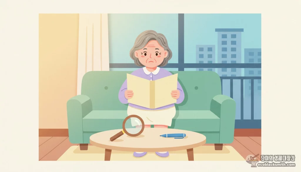 기초연금 소득인정액 서류를 살펴보는 한국인 노인 여성의 거실 장면