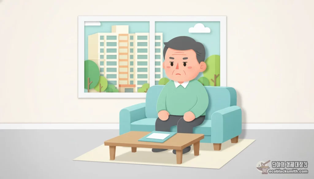 한국식 아파트 거실에서 기초연금 수급 조건을 고민하는 60대 한국인 남성