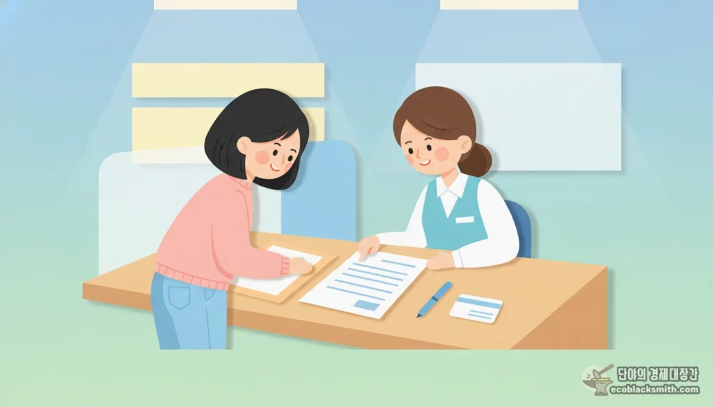 은행 창구에서 생계비 계좌 개설을 상담하는 한국인 여성