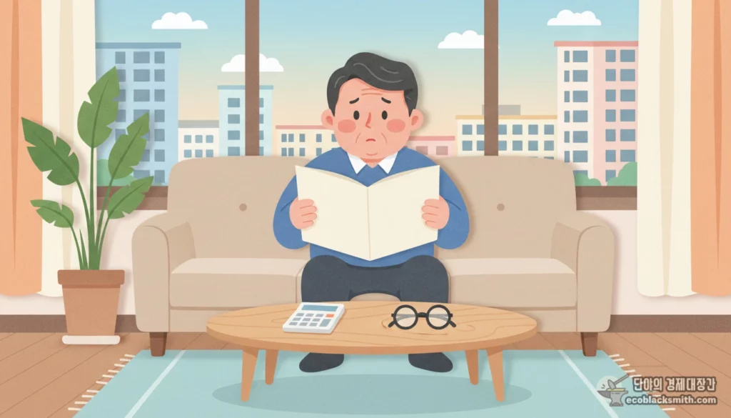 기초연금 소득인정액 서류를 살펴보는 중년 남성의 거실 풍경