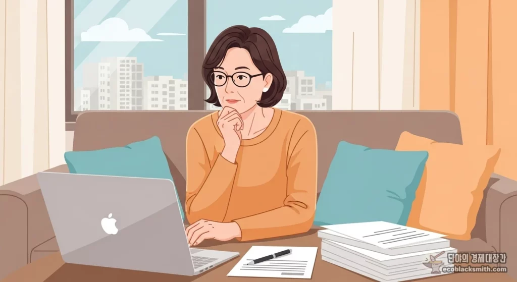 중년 여성이 거실에서 노트북으로 소득인정액 계산 구조를 확인하는 모습의 플랫 일러스트