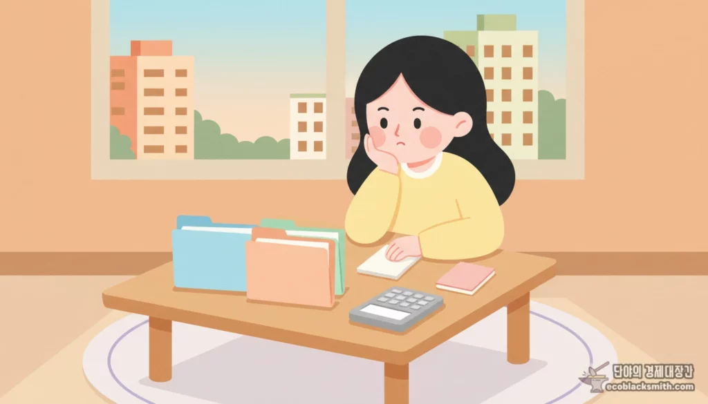 소득인정액 산정을 위해 서류와 계산기를 살펴보는 장면