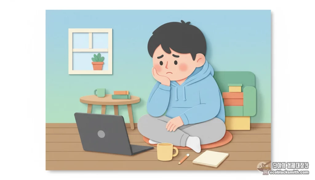 기초수급자가 원룸에서 주식 금융재산에 대해 고민하는 모습