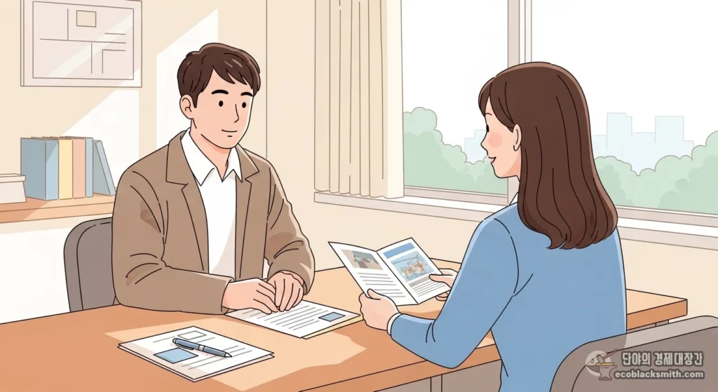 조건부수급자가 주민센터에서 자활근로 참여 상담을 받는 장면을 담은 플랫 일러스트